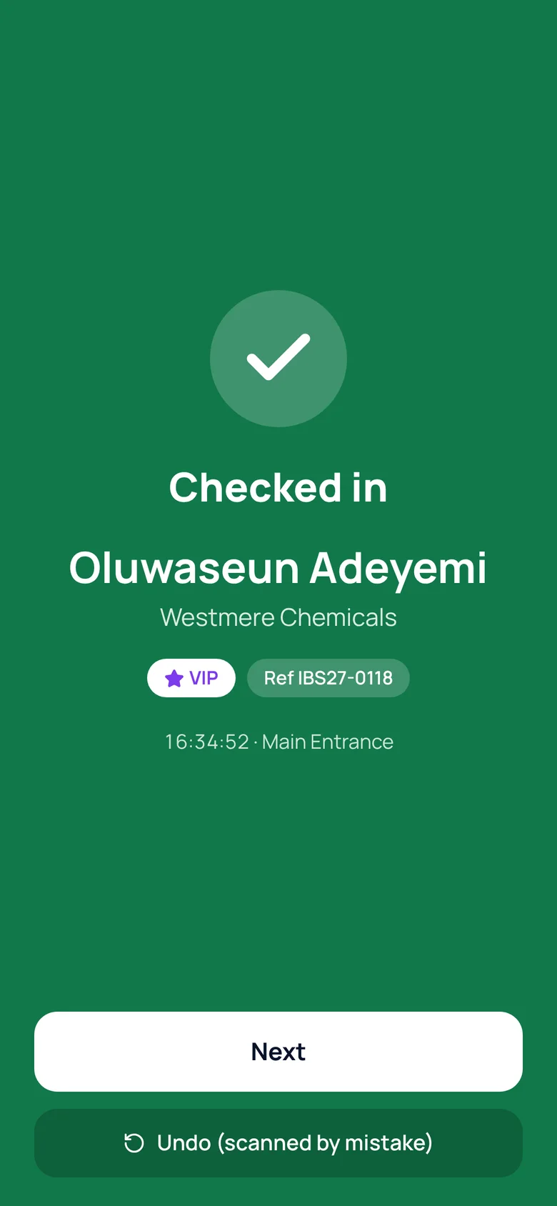 A green checked-in confirmation
