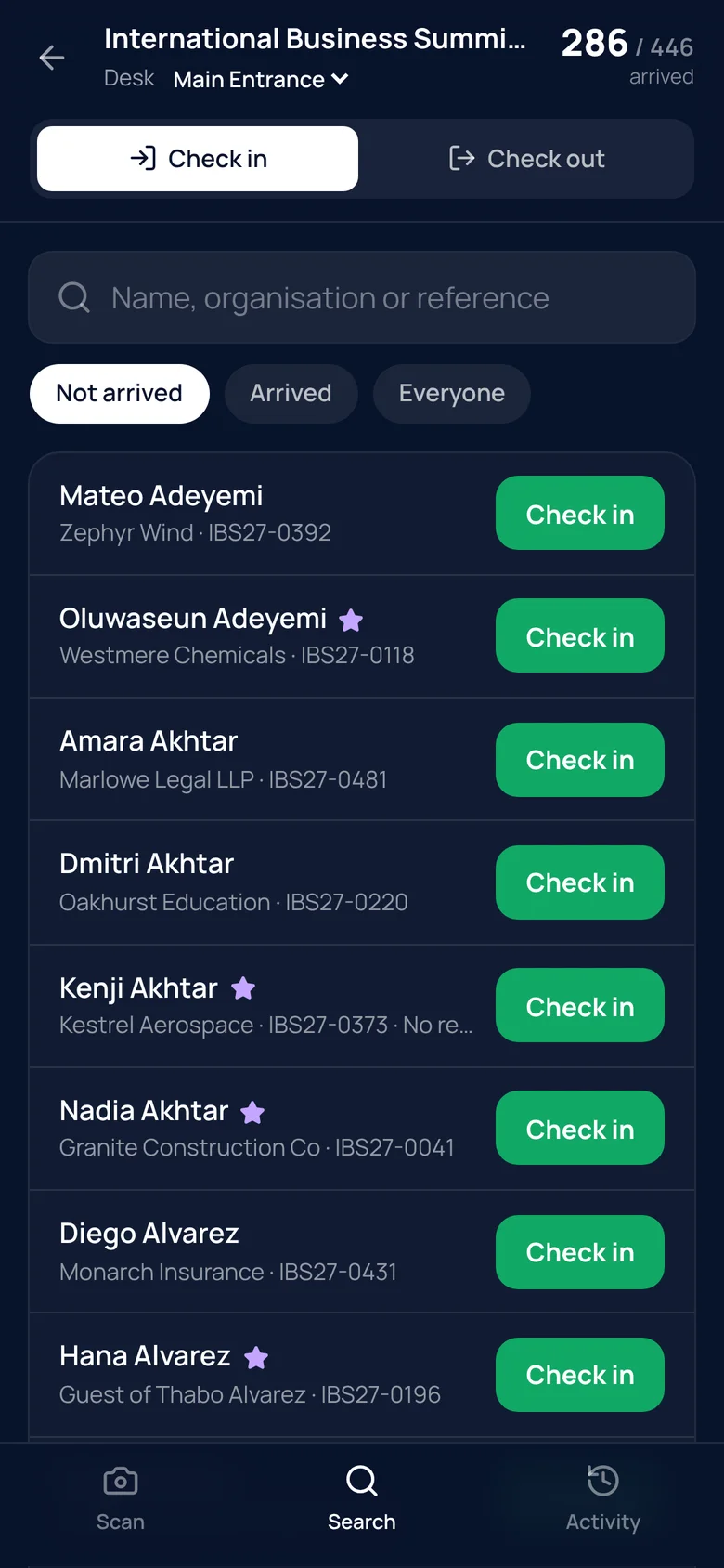 The guest list in the check-in app
