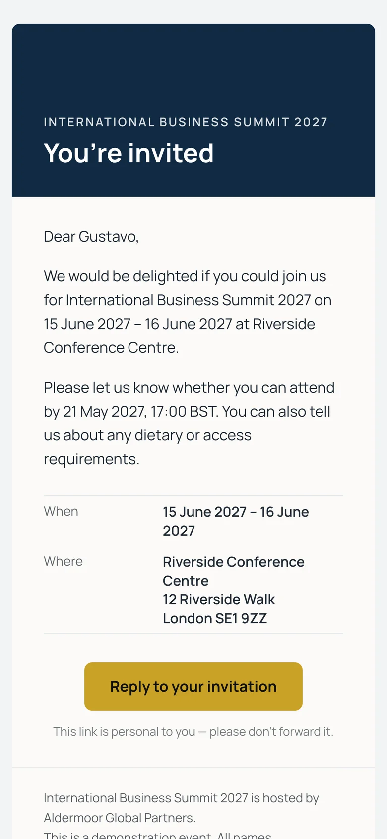 A branded invitation email on a phone
