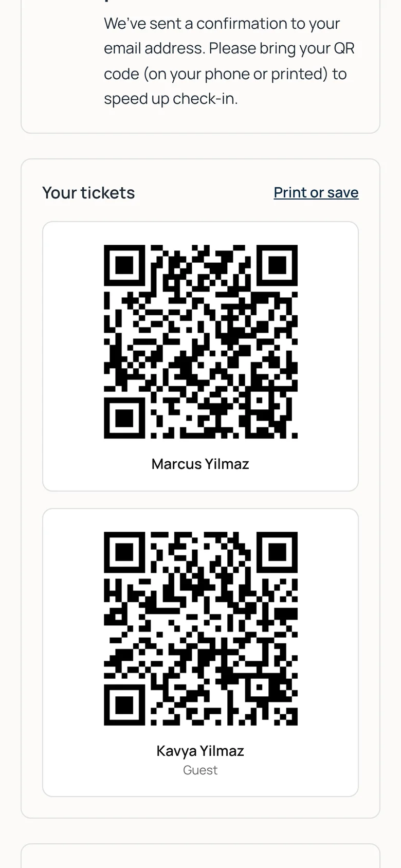 QR tickets for a guest and the person they’re bringing