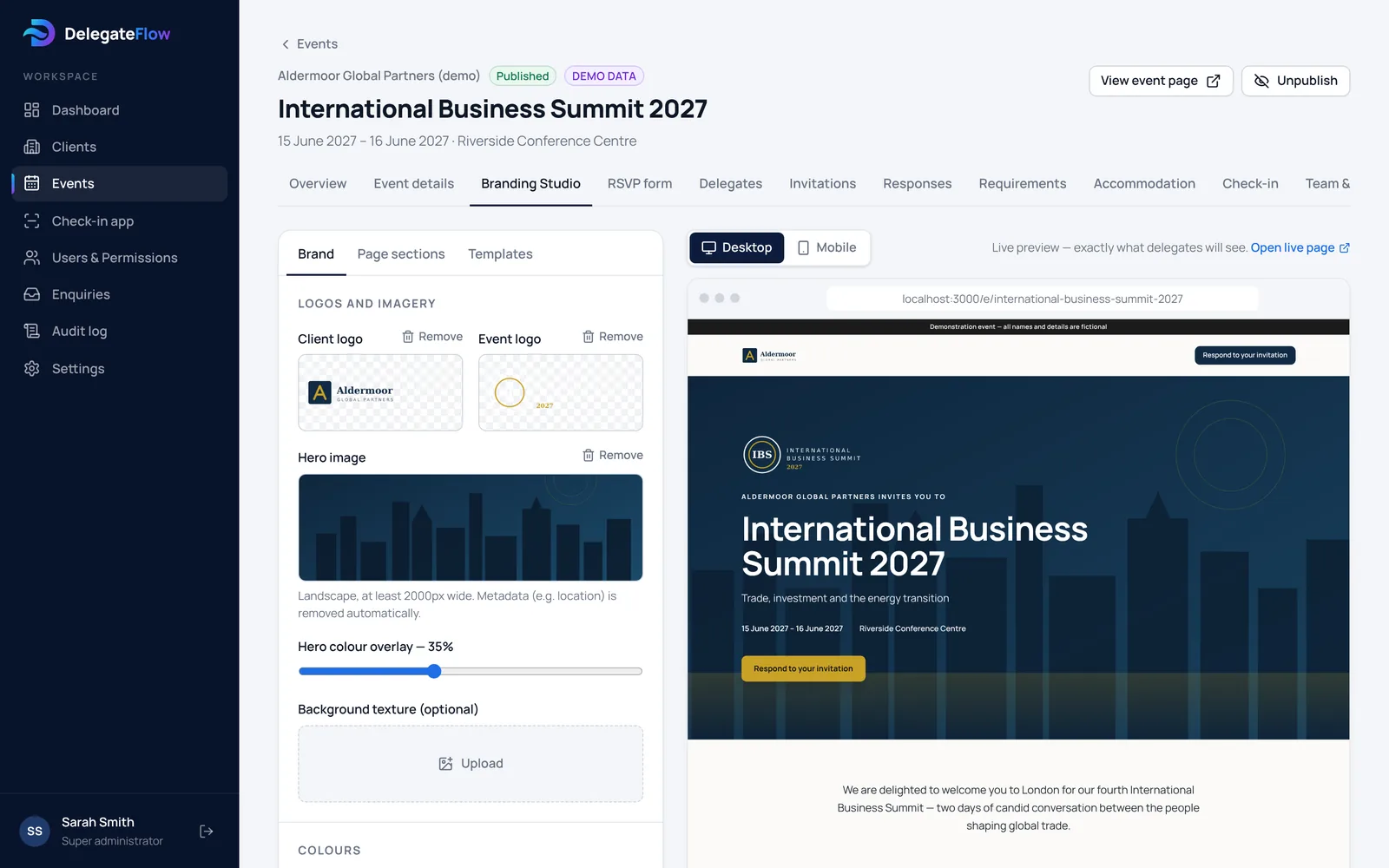 The Branding Studio with a live preview of an event page
